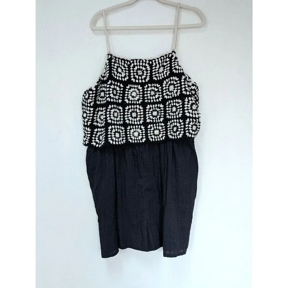 Lucky Brand Romper Crochet Black Granny Squares Size XXL Black/Cream